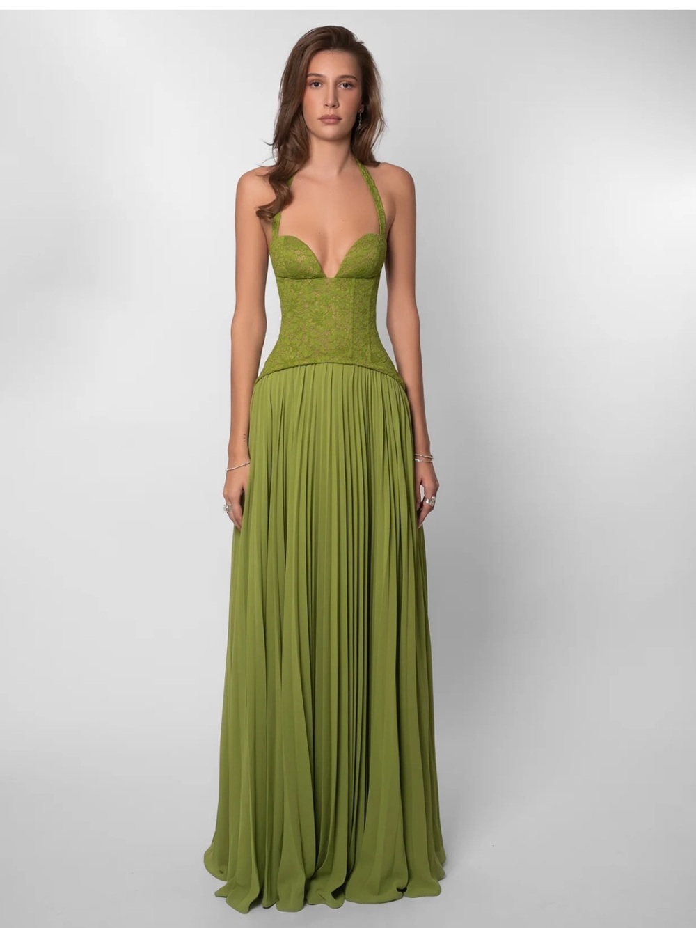 Fenity Gaia Dress. Elegant Olive Green Halter Evening Gown